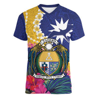 Nauru Independence Day Women V-Neck T-Shirt Coat Of Arms With Tropical Flowers LT14 Female Blue - Polynesian Pride