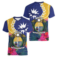 Nauru Independence Day Women V-Neck T-Shirt Coat Of Arms With Tropical Flowers LT14 - Polynesian Pride