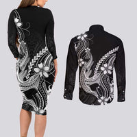 Black Aloha Hawaii Couples Matching Long Sleeve Bodycon Dress and Long Sleeve Button Shirt Polynesian Shark Tattoo With Plumeria LT14 - Polynesian Pride