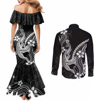 Black Aloha Hawaii Couples Matching Mermaid Dress and Long Sleeve Button Shirt Polynesian Shark Tattoo With Plumeria LT14 - Polynesian Pride