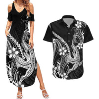 Black Aloha Hawaii Couples Matching Summer Maxi Dress and Hawaiian Shirt Polynesian Shark Tattoo With Plumeria LT14 Black - Polynesian Pride