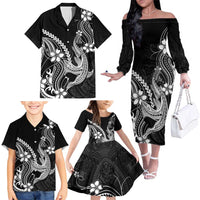 Black Aloha Hawaii Family Matching Off The Shoulder Long Sleeve Dress and Hawaiian Shirt Polynesian Shark Tattoo With Plumeria LT14 - Polynesian Pride