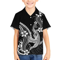Black Aloha Hawaii Family Matching Off Shoulder Maxi Dress and Hawaiian Shirt Polynesian Shark Tattoo With Plumeria LT14 Son's Shirt Black - Polynesian Pride