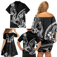 Black Aloha Hawaii Family Matching Off Shoulder Short Dress and Hawaiian Shirt Polynesian Shark Tattoo With Plumeria LT14 - Polynesian Pride