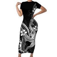 Black Aloha Hawaii Family Matching Short Sleeve Bodycon Dress and Hawaiian Shirt Polynesian Shark Tattoo With Plumeria LT14 Mom's Dress Black - Polynesian Pride