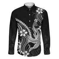 Black Aloha Hawaii Family Matching Tank Maxi Dress and Hawaiian Shirt Polynesian Shark Tattoo With Plumeria LT14 Dad's Shirt - Long Sleeve Black - Polynesian Pride