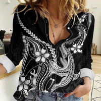 Black Aloha Hawaii Women Casual Shirt Polynesian Shark Tattoo With Plumeria LT14 Female Black - Polynesian Pride
