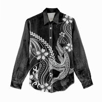 Black Aloha Hawaii Women Casual Shirt Polynesian Shark Tattoo With Plumeria LT14 - Polynesian Pride