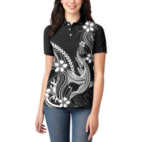 Black Aloha Hawaii Women Polo Shirt Polynesian Shark Tattoo With Plumeria LT14 - Polynesian Pride