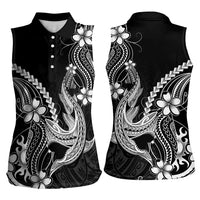 Black Aloha Hawaii Women Sleeveless Polo Shirt Polynesian Shark Tattoo With Plumeria LT14 - Polynesian Pride