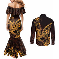 Gold Black Aloha Hawaii Couples Matching Mermaid Dress and Long Sleeve Button Shirt Polynesian Shark Tattoo With Plumeria LT14 - Polynesian Pride