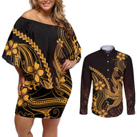 Gold Black Aloha Hawaii Couples Matching Off Shoulder Short Dress and Long Sleeve Button Shirt Polynesian Shark Tattoo With Plumeria LT14 Gold - Polynesian Pride