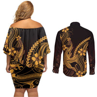 Gold Black Aloha Hawaii Couples Matching Off Shoulder Short Dress and Long Sleeve Button Shirt Polynesian Shark Tattoo With Plumeria LT14 - Polynesian Pride
