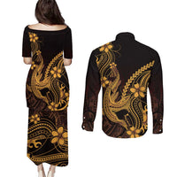 Gold Black Aloha Hawaii Couples Matching Puletasi and Long Sleeve Button Shirt Polynesian Shark Tattoo With Plumeria LT14 - Polynesian Pride