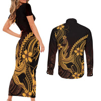 Gold Black Aloha Hawaii Couples Matching Short Sleeve Bodycon Dress and Long Sleeve Button Shirt Polynesian Shark Tattoo With Plumeria LT14 - Polynesian Pride