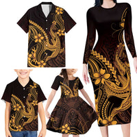 Gold Black Aloha Hawaii Family Matching Long Sleeve Bodycon Dress and Hawaiian Shirt Polynesian Shark Tattoo With Plumeria LT14 - Polynesian Pride