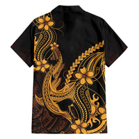 Gold Black Aloha Hawaii Family Matching Off The Shoulder Long Sleeve Dress and Hawaiian Shirt Polynesian Shark Tattoo With Plumeria LT14 - Polynesian Pride