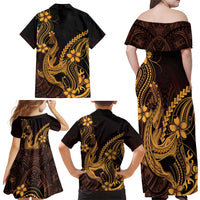 Gold Black Aloha Hawaii Family Matching Off Shoulder Maxi Dress and Hawaiian Shirt Polynesian Shark Tattoo With Plumeria LT14 - Polynesian Pride