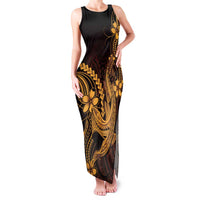 Gold Black Aloha Hawaii Family Matching Tank Maxi Dress and Hawaiian Shirt Polynesian Shark Tattoo With Plumeria LT14 Mom's Dress Gold - Polynesian Pride