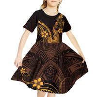 Gold Black Aloha Hawaii Kid Short Sleeve Dress Polynesian Shark Tattoo With Plumeria LT14 - Polynesian Pride