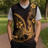 Gold Black Aloha Hawaii Christmas Knitted V-Neck Vest Polynesian Shark Tattoo With Plumeria LT14 - Polynesian Pride