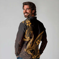 Gold Black Aloha Hawaii Long Sleeve Polo Shirt Polynesian Shark Tattoo With Plumeria LT14 - Polynesian Pride