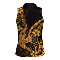 Gold Black Aloha Hawaii Women Sleeveless Polo Shirt Polynesian Shark Tattoo With Plumeria LT14 - Polynesian Pride