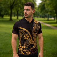 Gold Black Aloha Hawaii Zipper Polo Shirt Polynesian Shark Tattoo With Plumeria LT14 - Polynesian Pride