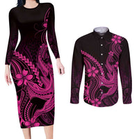 Pink Black Aloha Hawaii Couples Matching Long Sleeve Bodycon Dress and Long Sleeve Button Shirt Polynesian Shark Tattoo With Plumeria LT14 Pink - Polynesian Pride