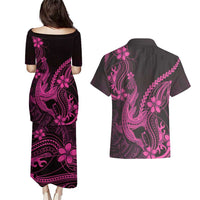 Pink Black Aloha Hawaii Couples Matching Puletasi and Hawaiian Shirt Polynesian Shark Tattoo With Plumeria LT14 - Polynesian Pride