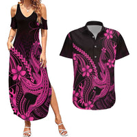 Pink Black Aloha Hawaii Couples Matching Summer Maxi Dress and Hawaiian Shirt Polynesian Shark Tattoo With Plumeria LT14 Pink - Polynesian Pride