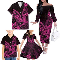 Pink Black Aloha Hawaii Family Matching Off The Shoulder Long Sleeve Dress and Hawaiian Shirt Polynesian Shark Tattoo With Plumeria LT14 - Polynesian Pride