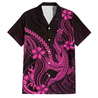 Pink Black Aloha Hawaii Family Matching Off Shoulder Short Dress and Hawaiian Shirt Polynesian Shark Tattoo With Plumeria LT14 Dad's Shirt - Short Sleeve Pink - Polynesian Pride