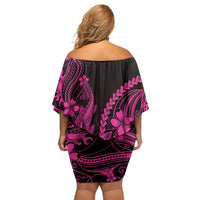 Pink Black Aloha Hawaii Family Matching Off Shoulder Short Dress and Hawaiian Shirt Polynesian Shark Tattoo With Plumeria LT14 - Polynesian Pride