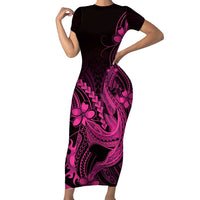 Pink Black Aloha Hawaii Short Sleeve Bodycon Dress Polynesian Shark Tattoo With Plumeria LT14 Long Dress Pink - Polynesian Pride