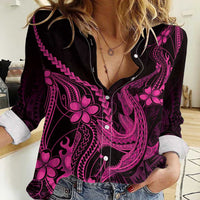 Pink Black Aloha Hawaii Women Casual Shirt Polynesian Shark Tattoo With Plumeria LT14 Female Pink - Polynesian Pride