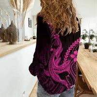 Pink Black Aloha Hawaii Women Casual Shirt Polynesian Shark Tattoo With Plumeria LT14 - Polynesian Pride