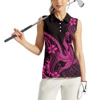 Pink Black Aloha Hawaii Women Sleeveless Polo Shirt Polynesian Shark Tattoo With Plumeria LT14 - Polynesian Pride