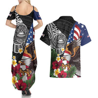 United States and American Samoa Couples Matching Summer Maxi Dress and Hawaiian Shirt USA Flag Eagle With Seal Tropical Flowers LT14 - Polynesian Pride