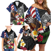 United States and American Samoa Family Matching Off Shoulder Short Dress and Hawaiian Shirt USA Flag Eagle With Seal Tropical Flowers LT14 - Polynesian Pride