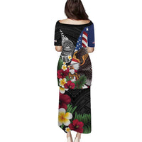 United States and American Samoa Family Matching Puletasi and Hawaiian Shirt USA Flag Eagle With Seal Tropical Flowers LT14 - Polynesian Pride