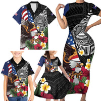 United States and American Samoa Family Matching Short Sleeve Bodycon Dress and Hawaiian Shirt USA Flag Eagle With Seal Tropical Flowers LT14 - Polynesian Pride