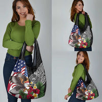 United States and American Samoa Grocery Bag USA Flag Eagle With Seal Tropical Flowers