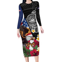 United States and American Samoa Long Sleeve Bodycon Dress USA Flag Eagle With Seal Tropical Flowers LT14 Long Dress Black - Polynesian Pride
