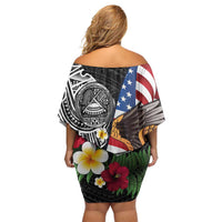 United States and American Samoa Off Shoulder Short Dress USA Flag Eagle With Seal Tropical Flowers LT14 - Polynesian Pride