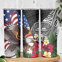 United States and American Samoa Skinny Tumbler USA Flag Eagle With Seal Tropical Flowers LT14 - Polynesian Pride