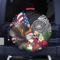 United States and American Samoa Spare Tire Cover USA Flag Eagle With Seal Tropical Flowers LT14 No hole Black - Polynesian Pride