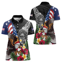 United States and American Samoa Women Polo Shirt USA Flag Eagle With Seal Tropical Flowers LT14 - Polynesian Pride