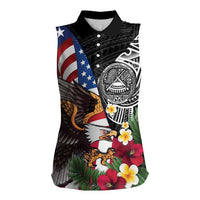 United States and American Samoa Women Sleeveless Polo Shirt USA Flag Eagle With Seal Tropical Flowers LT14 Female Black - Polynesian Pride