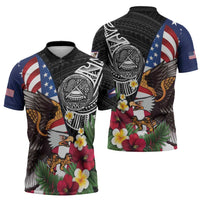 United States and American Samoa Zipper Polo Shirt USA Flag Eagle With Seal Tropical Flowers LT14 - Polynesian Pride